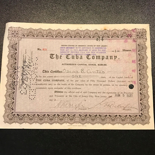 Original 1920 Oscar B. Cintas Signed Company Stock Certificate