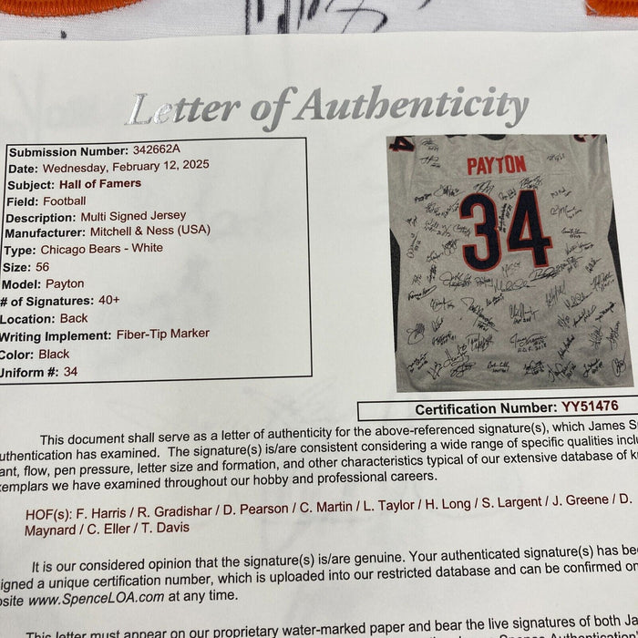 NFL Hall Of Fame Multi Signed Walter Payton Jersey With 40+ Signatures JSA COA