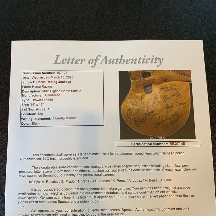 Legendary Horse Racing Jockeys Multi Signed Full Size Saddle 18 Sigs JSA COA