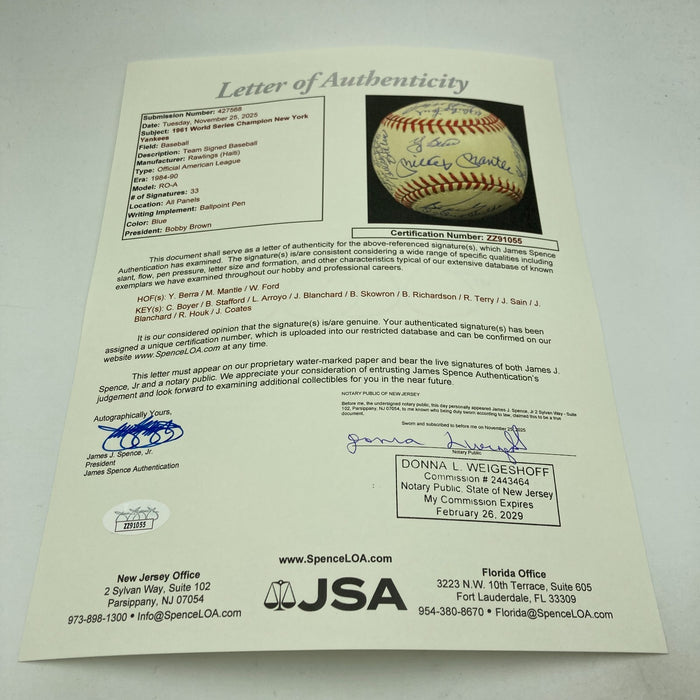 1961 New York Yankees World Series Champs Team Signed Baseball Mickey Mantle JSA