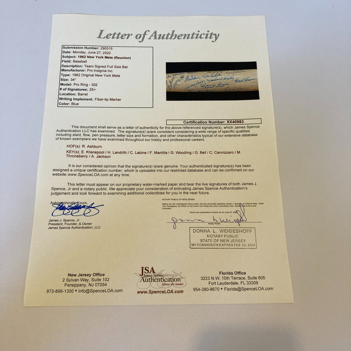 1962 New York Mets Inaugural Season Team Signed Bat 25+ Sigs With JSA COA