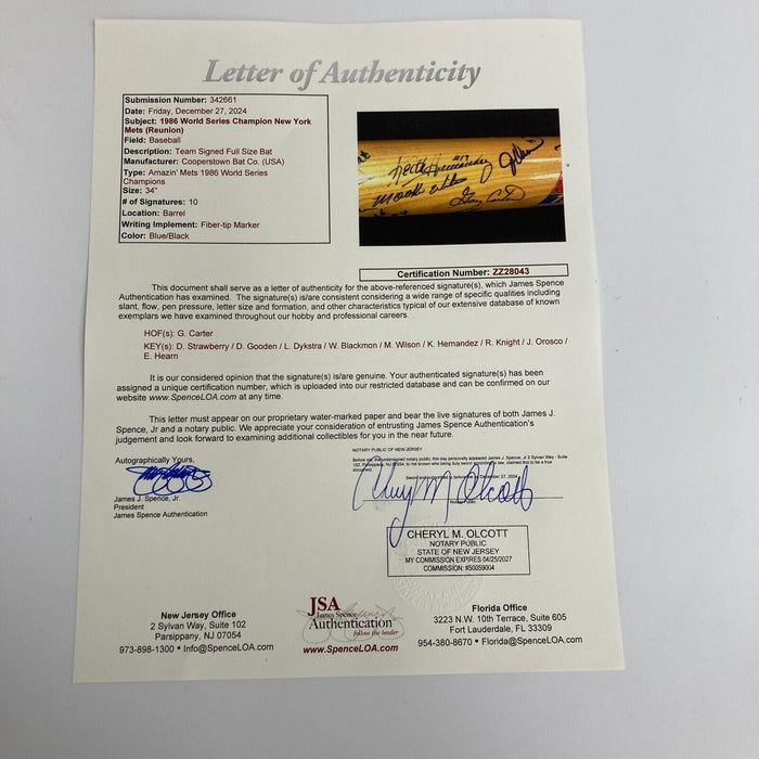 1986 New York Mets Team World Series Champs Signed Bat JSA COA