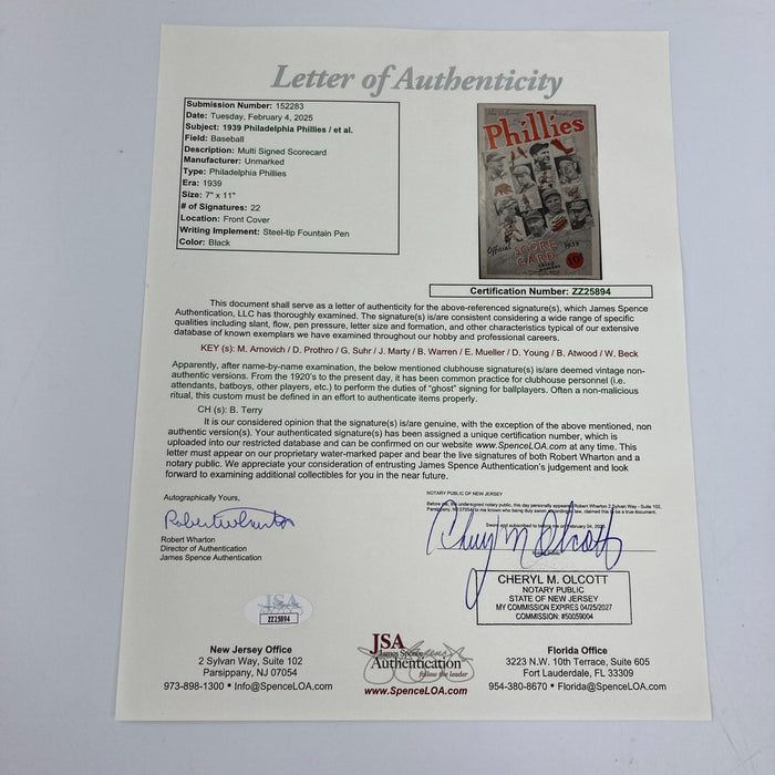 1939 Philadelphia Phillies Team Signed Official Scorecard w/22 Signatures JSA