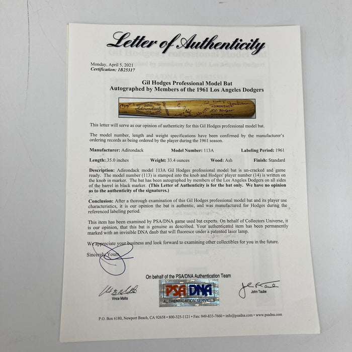 1961 Los Angeles Dodgers Team Signed Gil Hodges Game Bat Sandy Koufax PSA & JSA