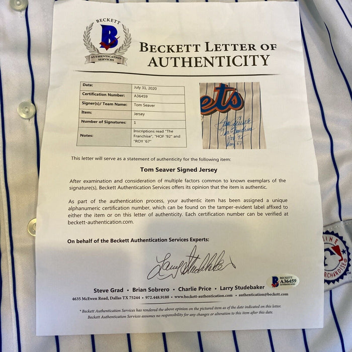 Tom Seaver "The Franchise, HOF 1992, ROY 1967" Signed Mets Jersey Beckett COA