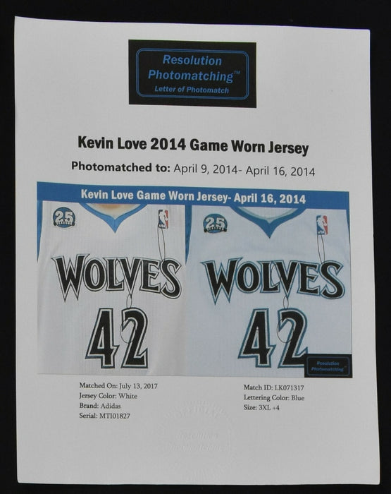 Kevin Love Final Game Minnesota Timberwolves Game Used Jersey Photomatched  COA