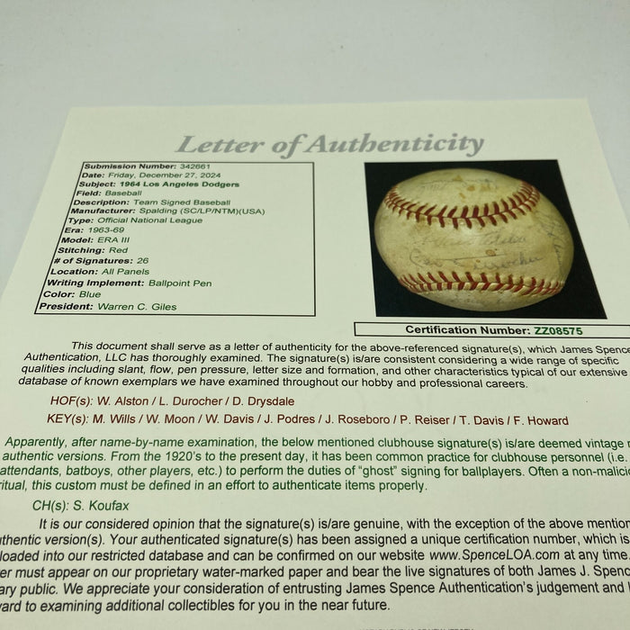 1964 Los Angeles Dodgers Team Signed National League Baseball JSA COA