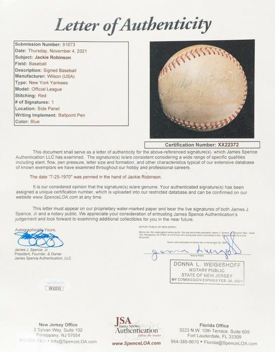 Jackie Robinson Single Signed Autographed Baseball JSA COA