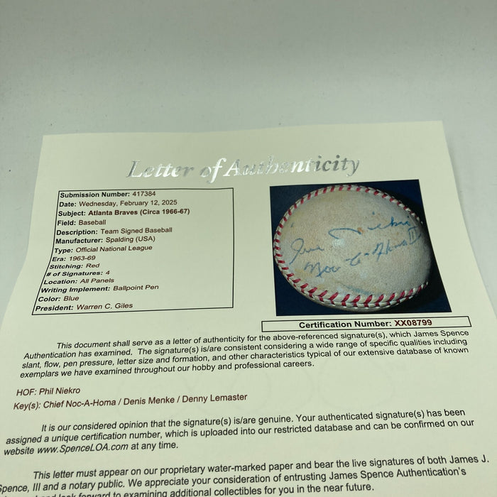 Chief Noc-A-Homa 1966 Atlanta Braves Signed NL Game Used Baseball JSA COA