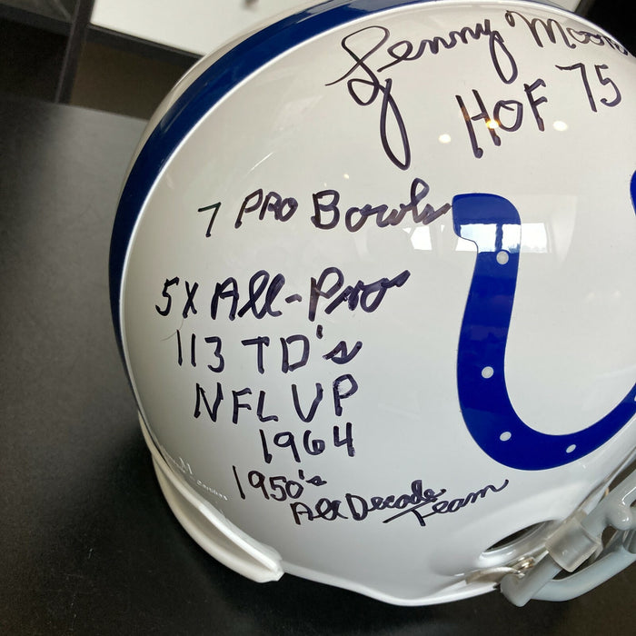 Lenny Moore Signed Heavily Inscribed Career STATS Baltimore Colts Helmet JSA COA
