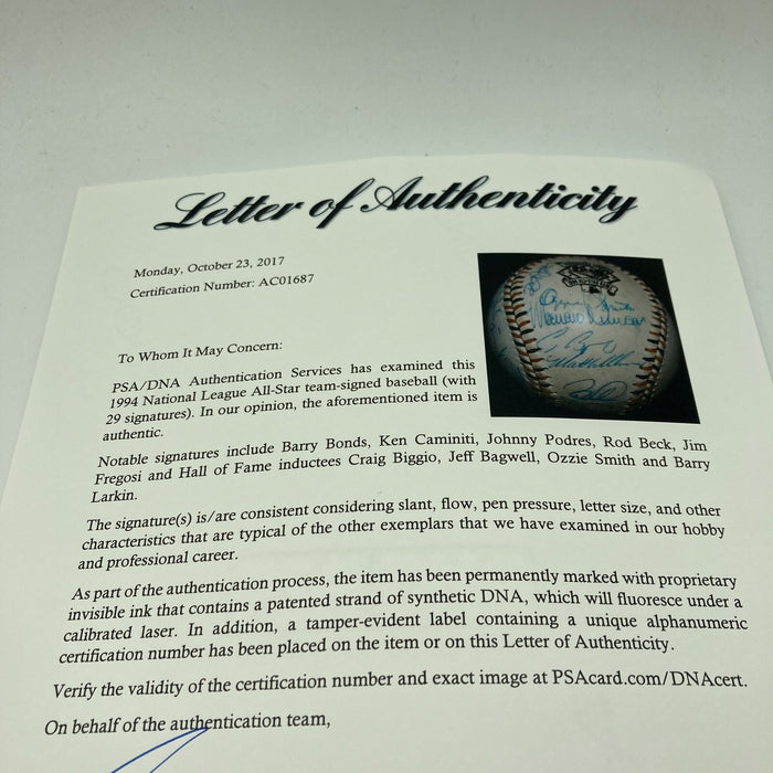 1994 All Star Game National League Team Signed Baseball Barry Bonds PSA DNA COA