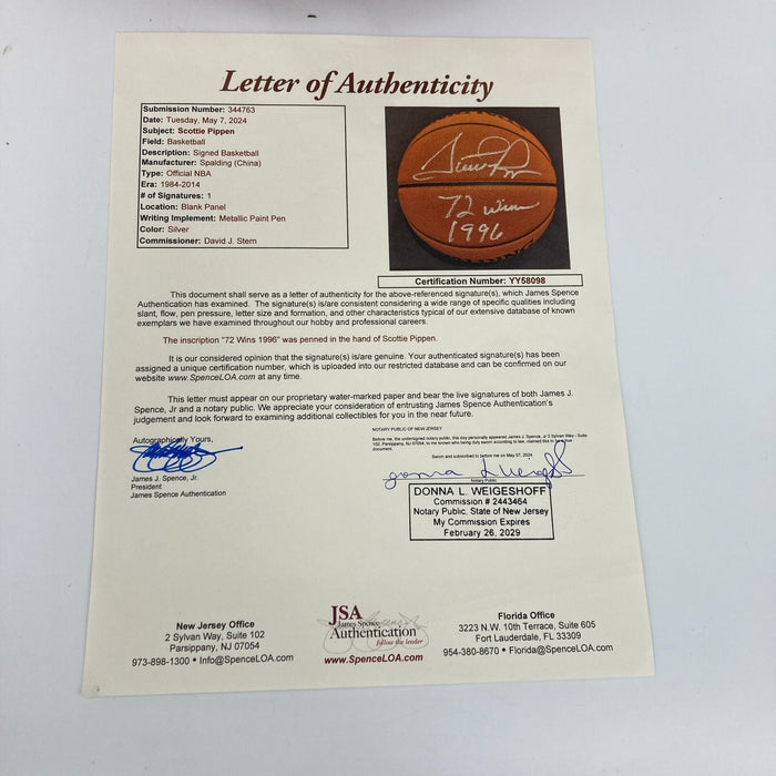 Scottie Pippen "72 Wins 1996" Signed Spalding Official NBA Game Basketball JSA