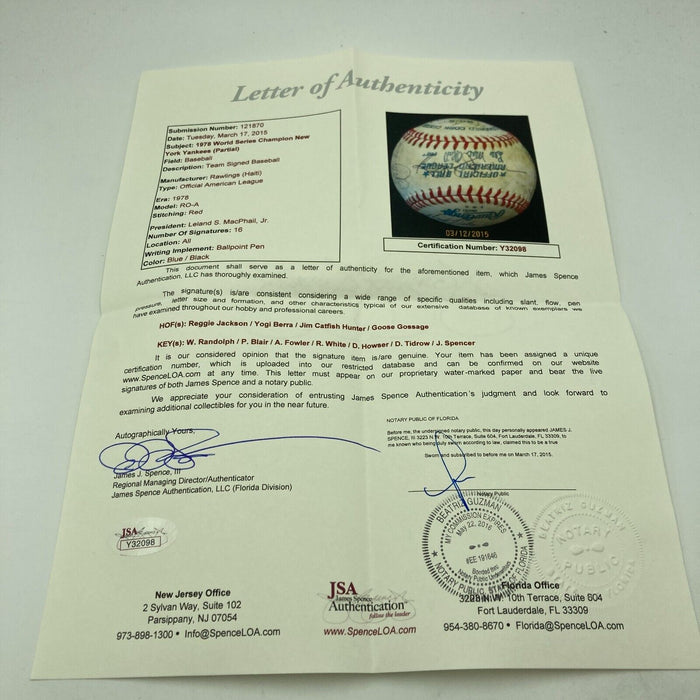 1978 Yankees World Series Champs Team Signed American League Baseball JSA COA