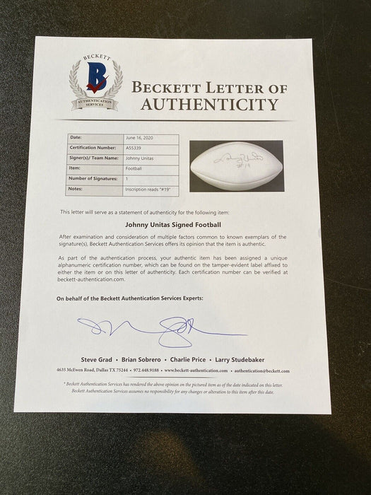 Johnny Unitas #19 Signed Autographed Wilson NFL Football With Beckett COA