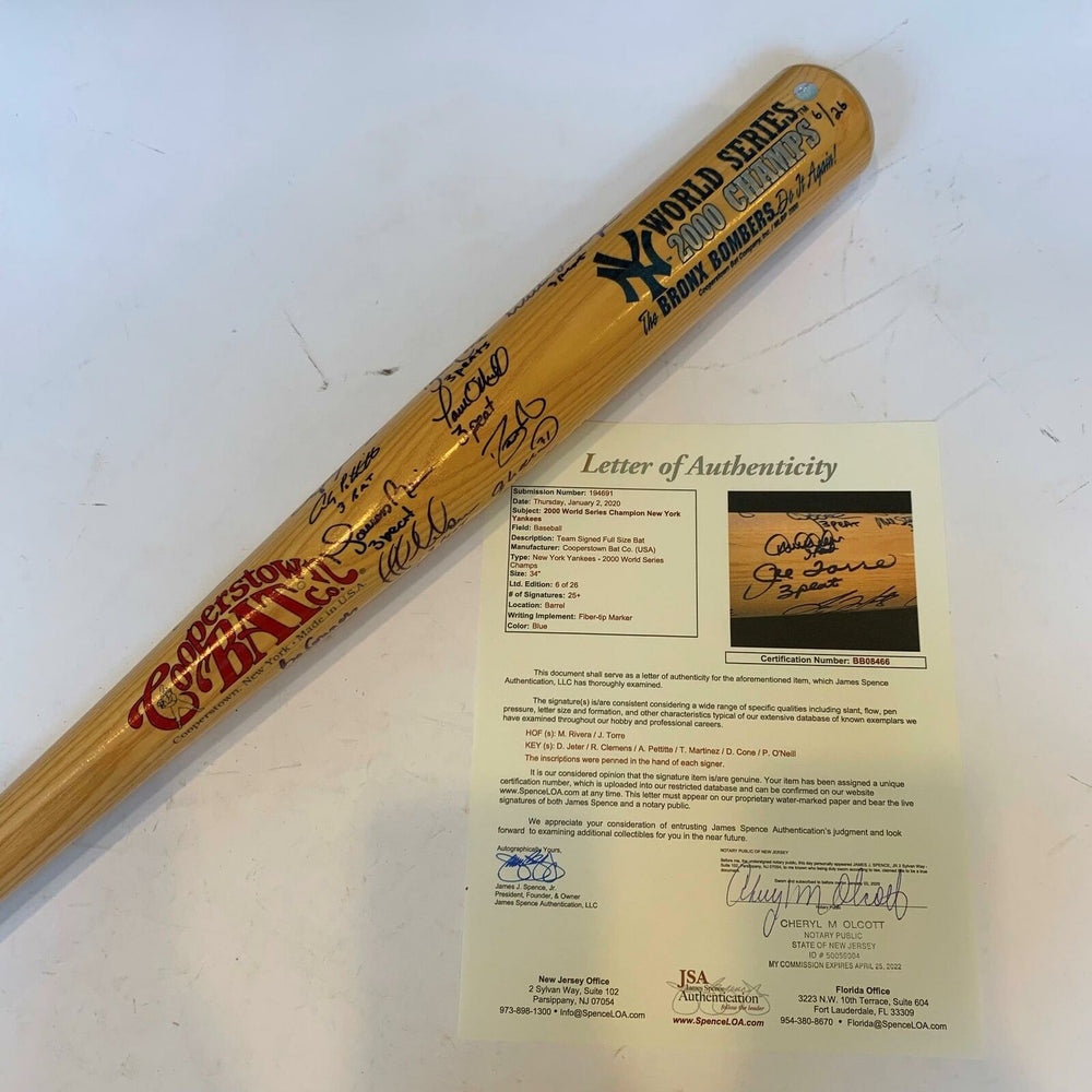 2000 Yankees Team Signed Bat Derek Jeter Mariano Rivera Inscribed "3 Peat" JSA