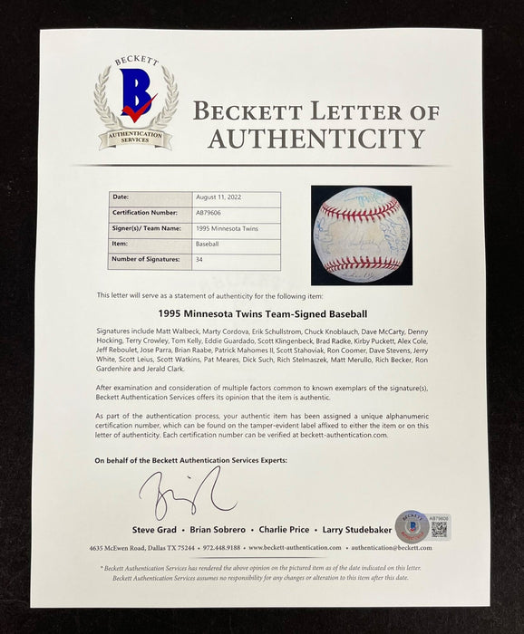 1995 Minnesota Twins Team Signed American League Baseball Beckett Kirby Puckett