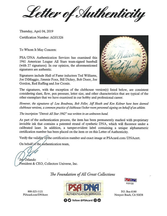 1941 All Star Game Team Signed Baseball Jimmie Foxx Ted Williams Dimaggio PSA