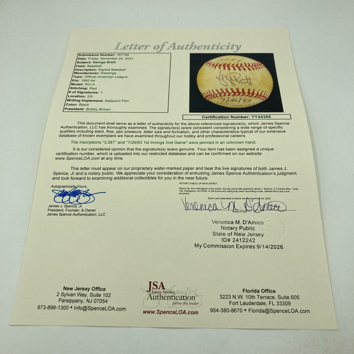 George Brett Signed 3,087th Actual Hit Game Used Baseball JSA & Umpire COA