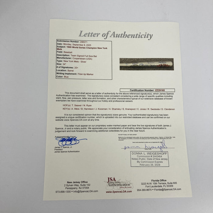 1969 New York Mets World Series Champs Team Signed Bat Nolan Ryan Tom Seaver JSA