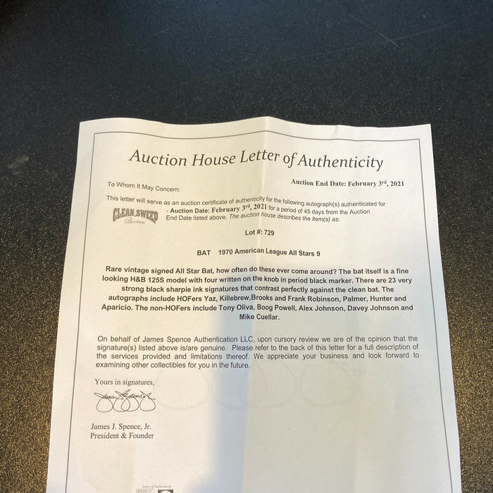 1970 All Star Game Team Signed Bat Carl Yastrzemski Frank Brooks Robinson JSA