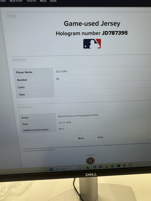 Zach Eflin Game Used 2019 Philadelphia Phillies Majestic Jersey Uniform MLB Auth