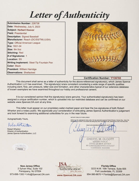 President Herbert Hoover Signed 1932 Official American League Baseball JSA COA