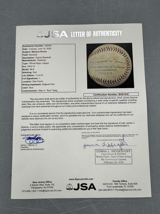 Mariano Rivera Final Career Game Signed Game Used Baseball Steiner & JSA #13/24