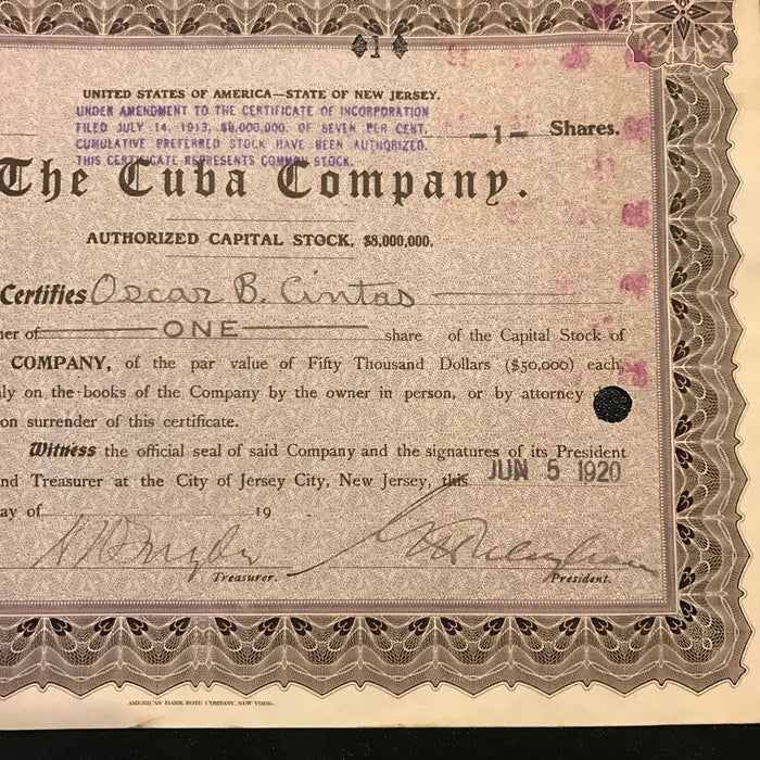 Original 1920 Oscar B. Cintas Signed Company Stock Certificate