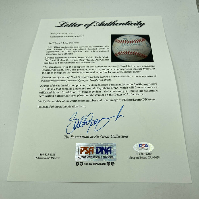 1945 Detroit Tigers World Series Champs Team Signed Baseball PSA DNA COA