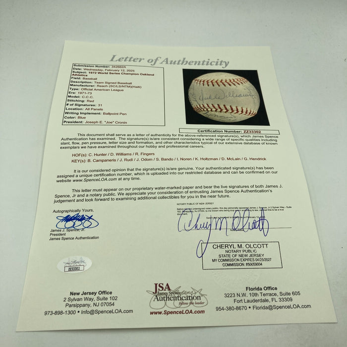 1972 Oakland A's Athletics World Series Champs Team Signed Baseball JSA COA