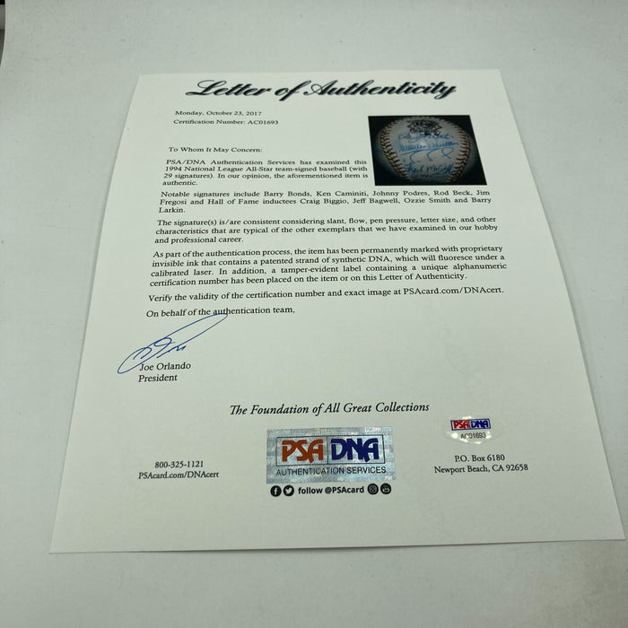 1994 All Star Game National League Team Signed Baseball Barry Bonds PSA DNA COA
