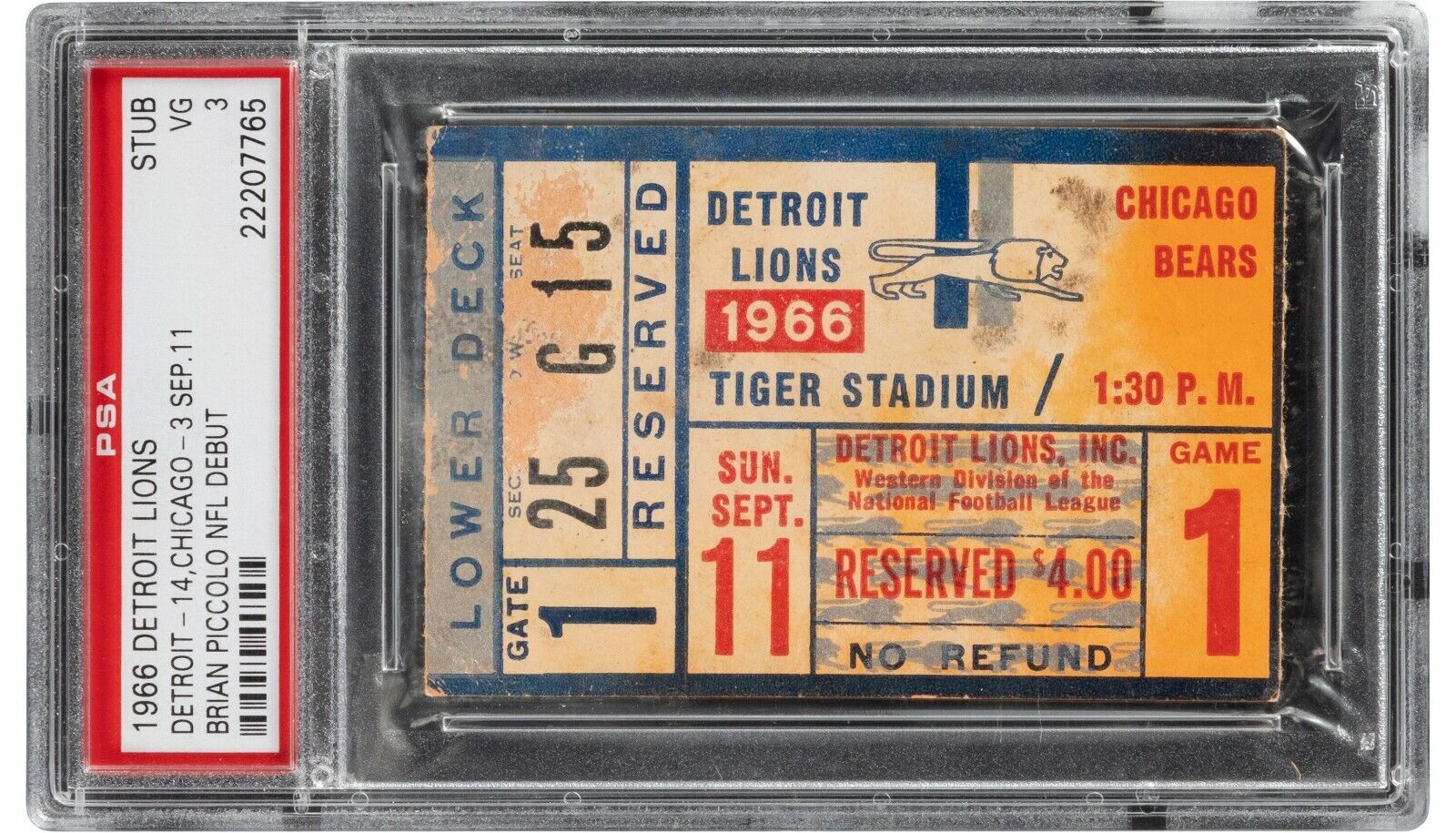 1966 Brian Piccolo NFL Debut Detroit Lions vs. Bears Ticket Stub PSA 3