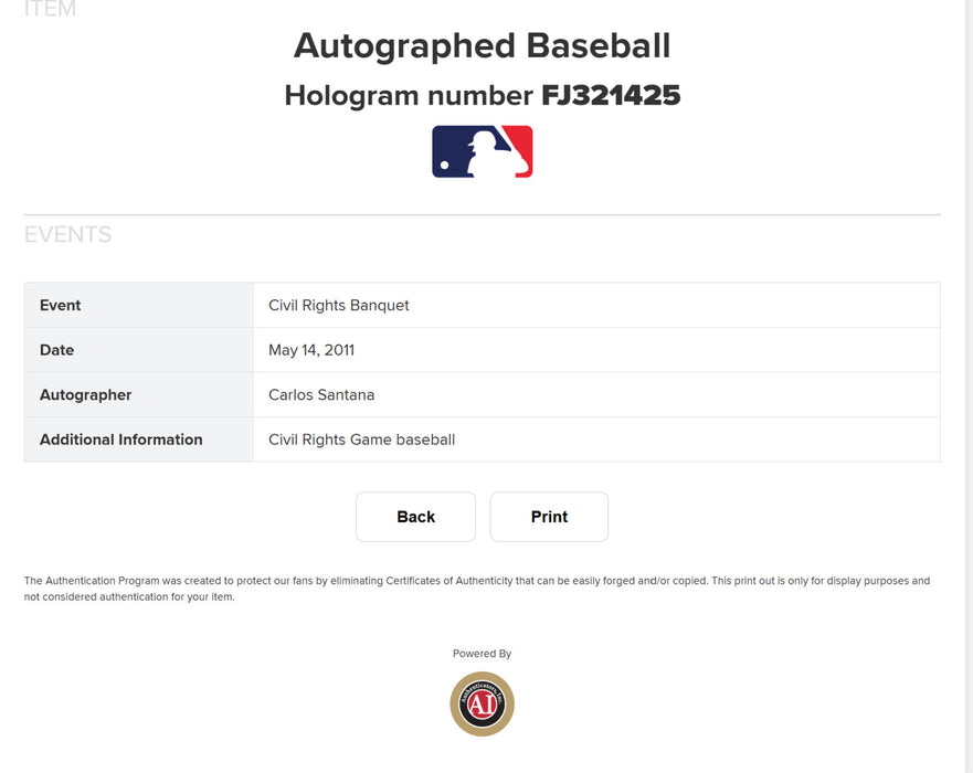 Carlos Santana Guitarist Single Signed Major League Baseball MLB Authentic