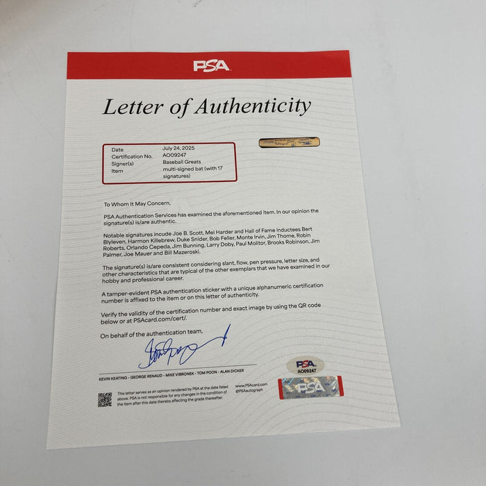 Hall Of Fame Multi Signed Cooperstown Baseball Bat 17 Sigs PSA DNA COA