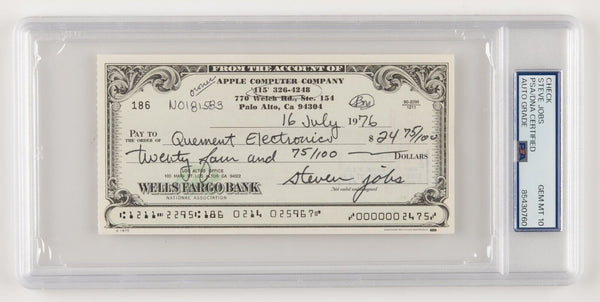 Steve Jobs Signed 1976 Apple Check PSA DNA Graded 10 GEM MINT