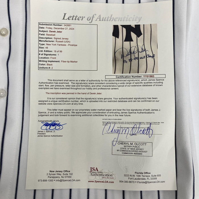 Derek Jeter 1996, 1998, 1999 World Series Champs Signed Yankees Jersey JSA COA