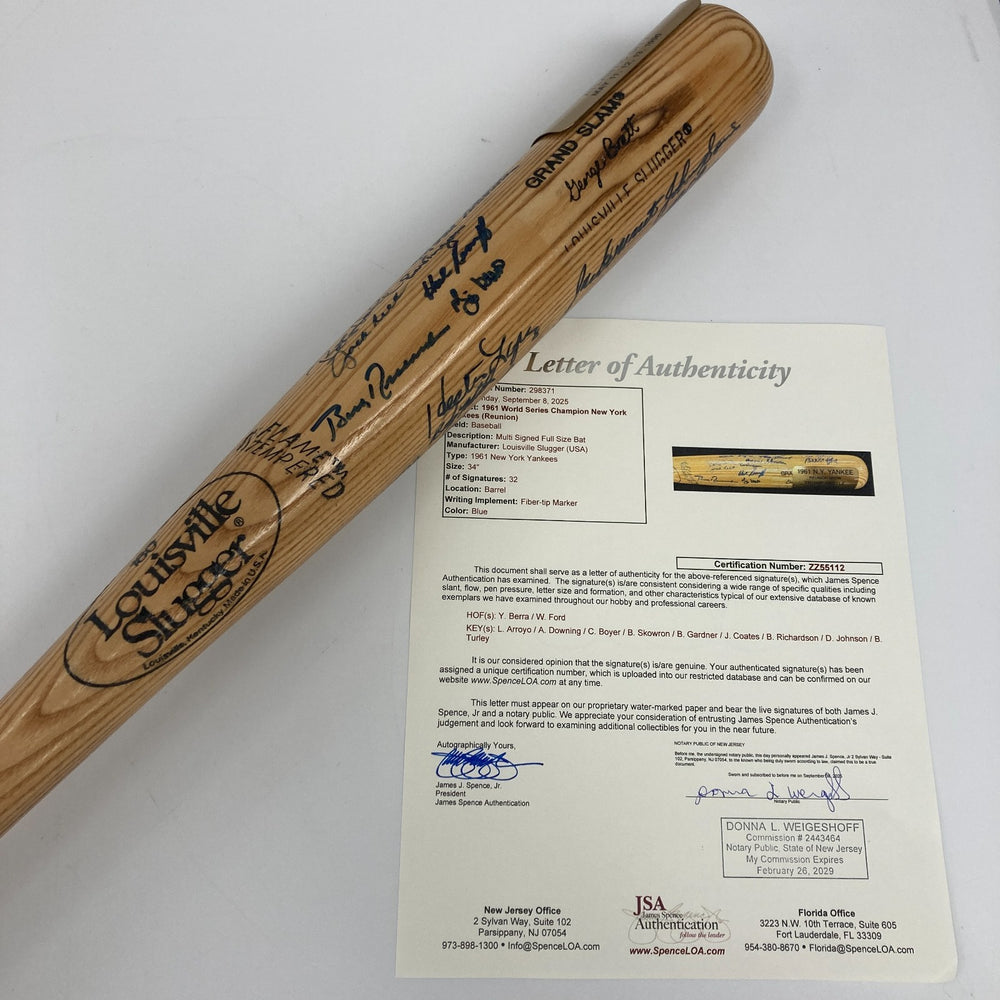 1961 New York Yankees World Series Champs Team Signed Baseball Bat JSA COA
