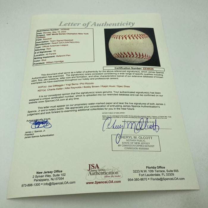 1947 New York Yankees World Series Champs Team Signed Baseball JSA COA
