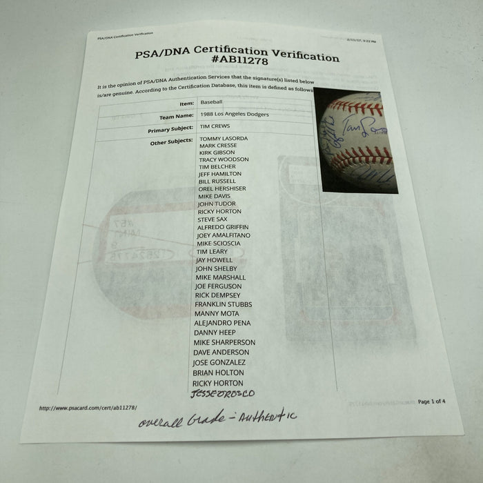 1988 Los Angeles Dodgers World Series Champs Team Signed W.S. Baseball PSA DNA