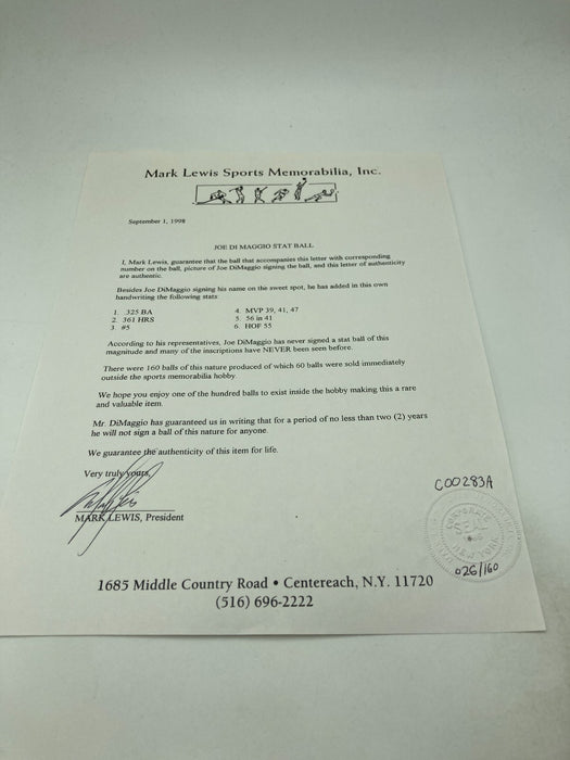 Joe Dimaggio Signed Heavily Inscribed STAT Baseball JSA COA