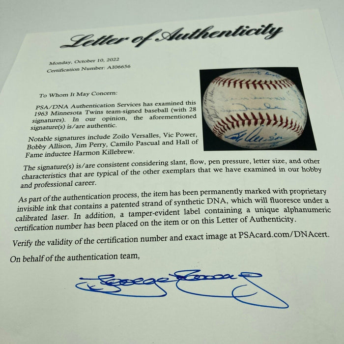 1963 Minnesota Twins Team Signed American League Baseball PSA DNA COA