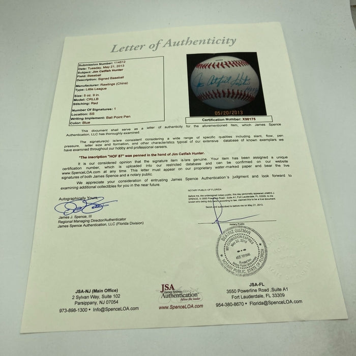 Jim Catfish Hunter Hall Of Fame 1989 Signed Baseball JSA COA