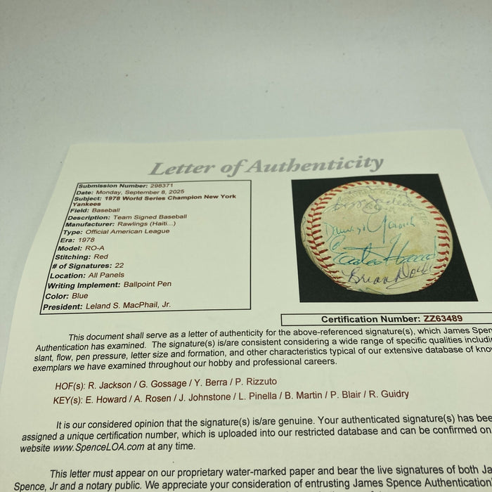 1978 Yankees World Series Champs Team Signed American League Baseball JSA COA