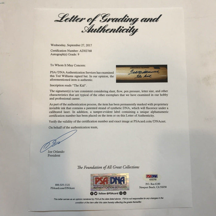 Beautiful Ted Williams "The Kid" Signed Game Model Bat PSA DNA Graded MINT 9