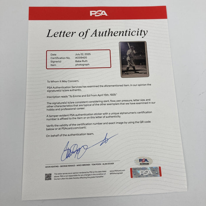 Babe Ruth Signed 60 Home Run Photo Display Given to Teammate PSA DNA Historic