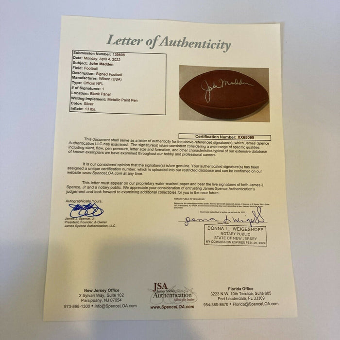 John Madden Signed Autographed Official Wilson NFL Game Football JSA COA