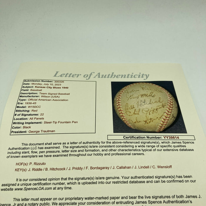 Phil Rizzuto 1940 Kansas City Blues Rookie Minor League Team Signed Baseball JSA