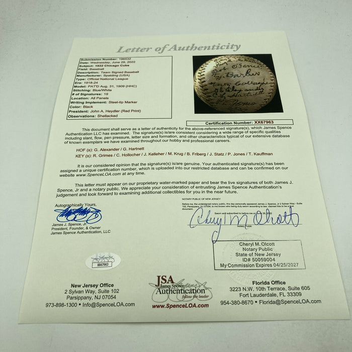 Stunning 1922 Chicago Cubs Team Signed Baseball Grover Cleveland Alexander JSA
