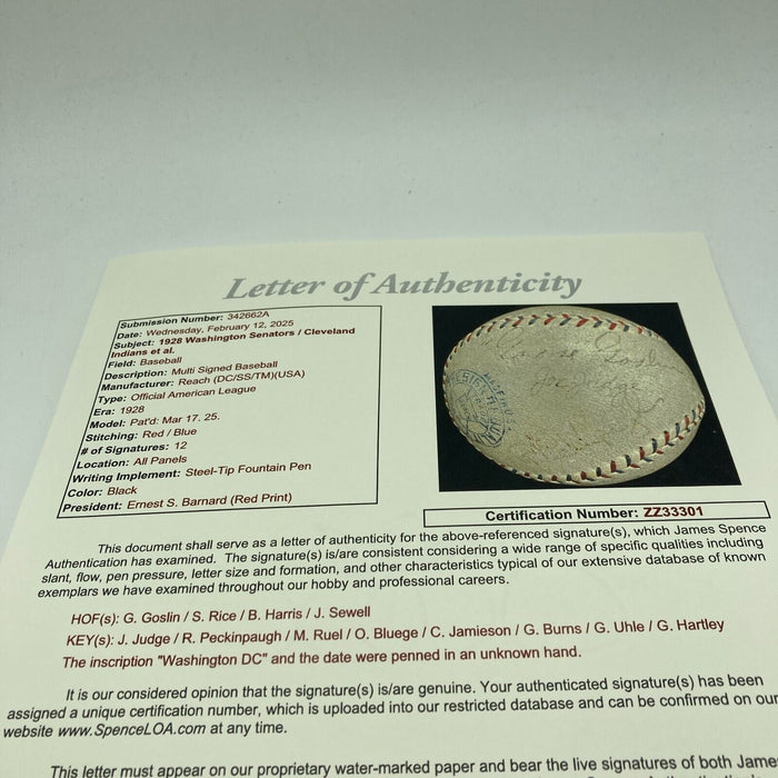 Goose Goslin, Sam Rice, Bucky Harris 1928 Senators & Indians Signed Baseball JSA