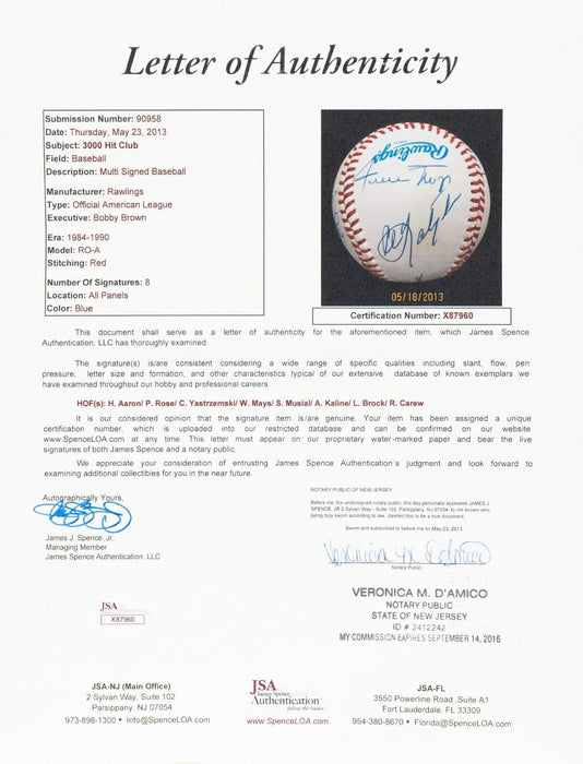 Willie Mays Hank Aaron Stan Musial 3,000 Hit Club Signed Baseball JSA COA